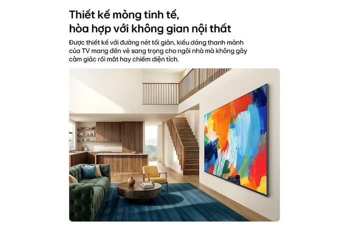 LG QNED evo AI QNED82 Mini LED with a Slim Design is wall-mounted in a bright, open living space, featuring a sleek profile that blends seamlessly into the interior while displaying a bold, colorful abstract artwork.